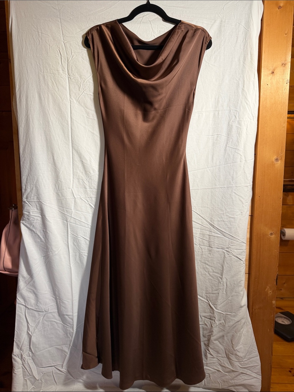 Satin Cowl Neck Maxi Dress in Brown